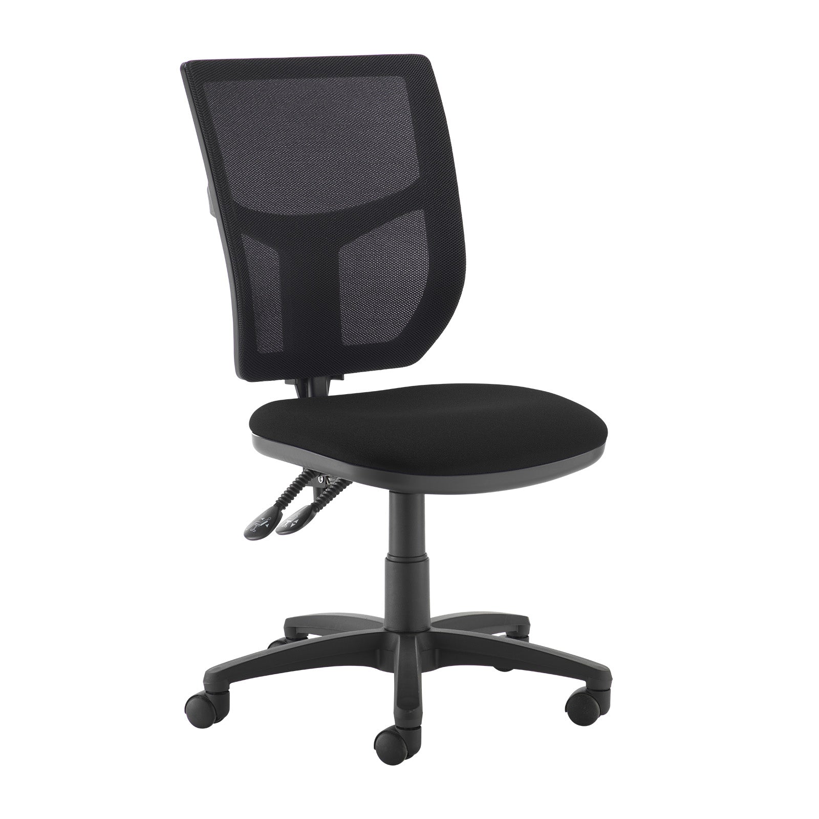 Black office chair with mesh backrest on a white background