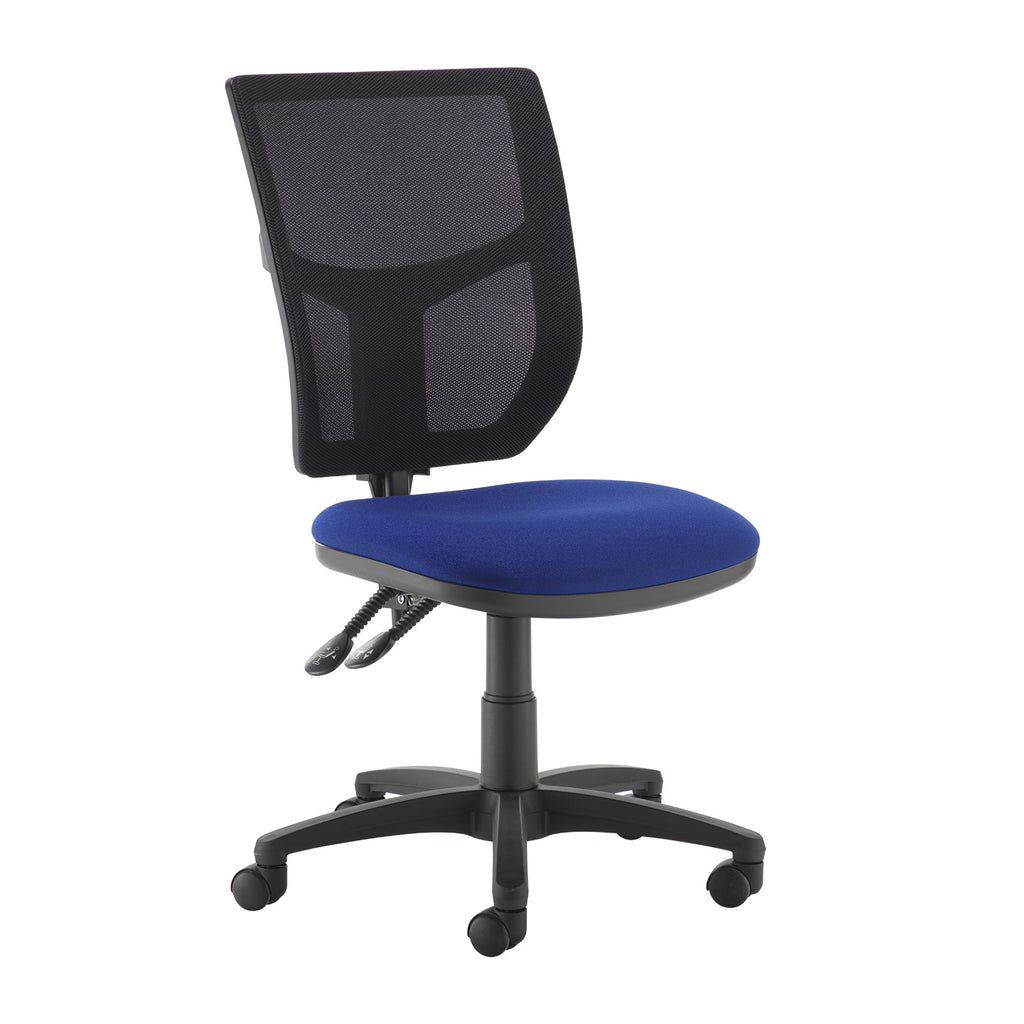 Blue office chair with black mesh back on a white background