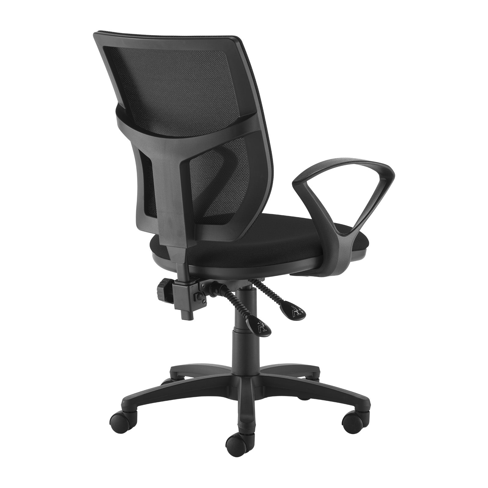 Black office chair with mesh back on a white background