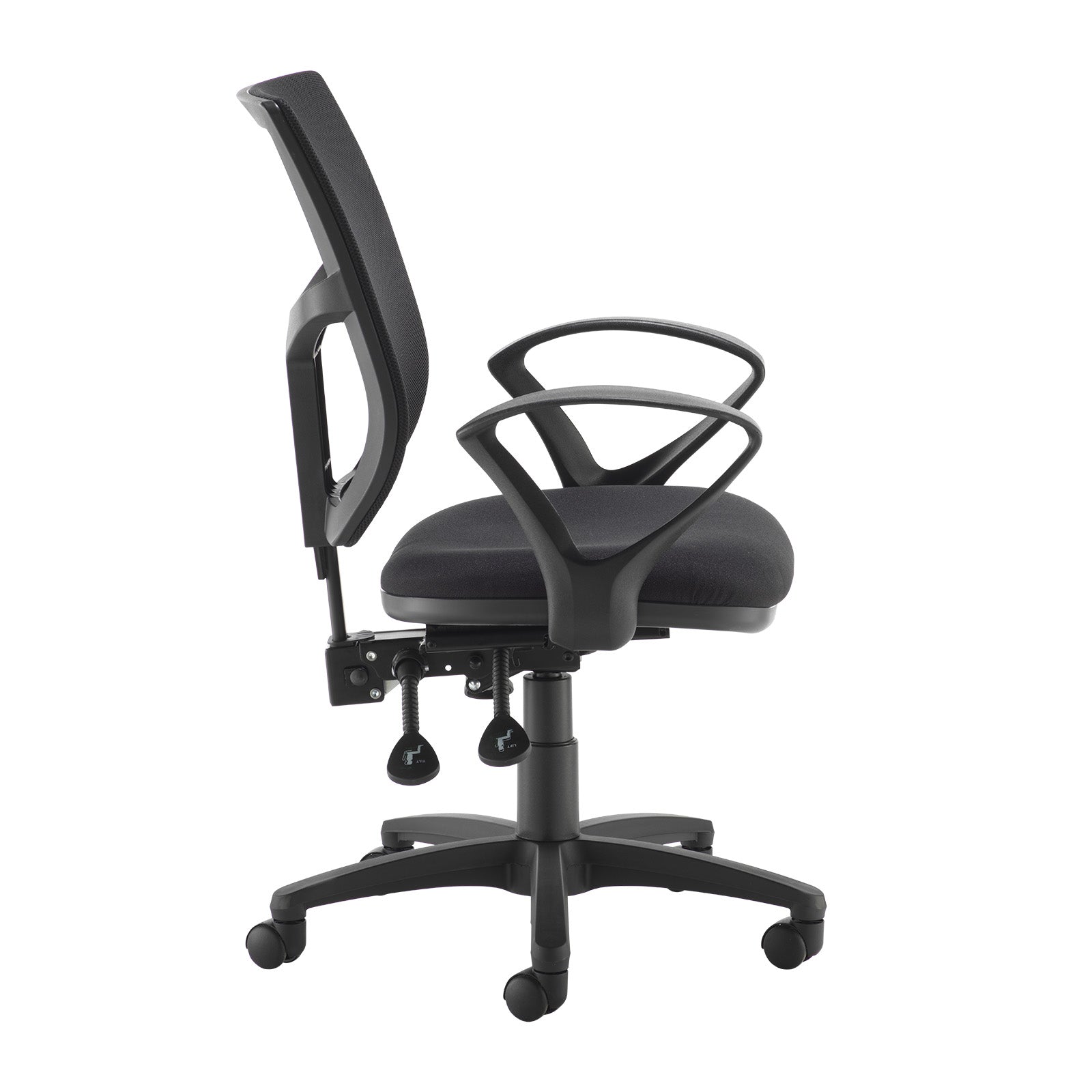 Black office chair with adjustable armrests on a white background