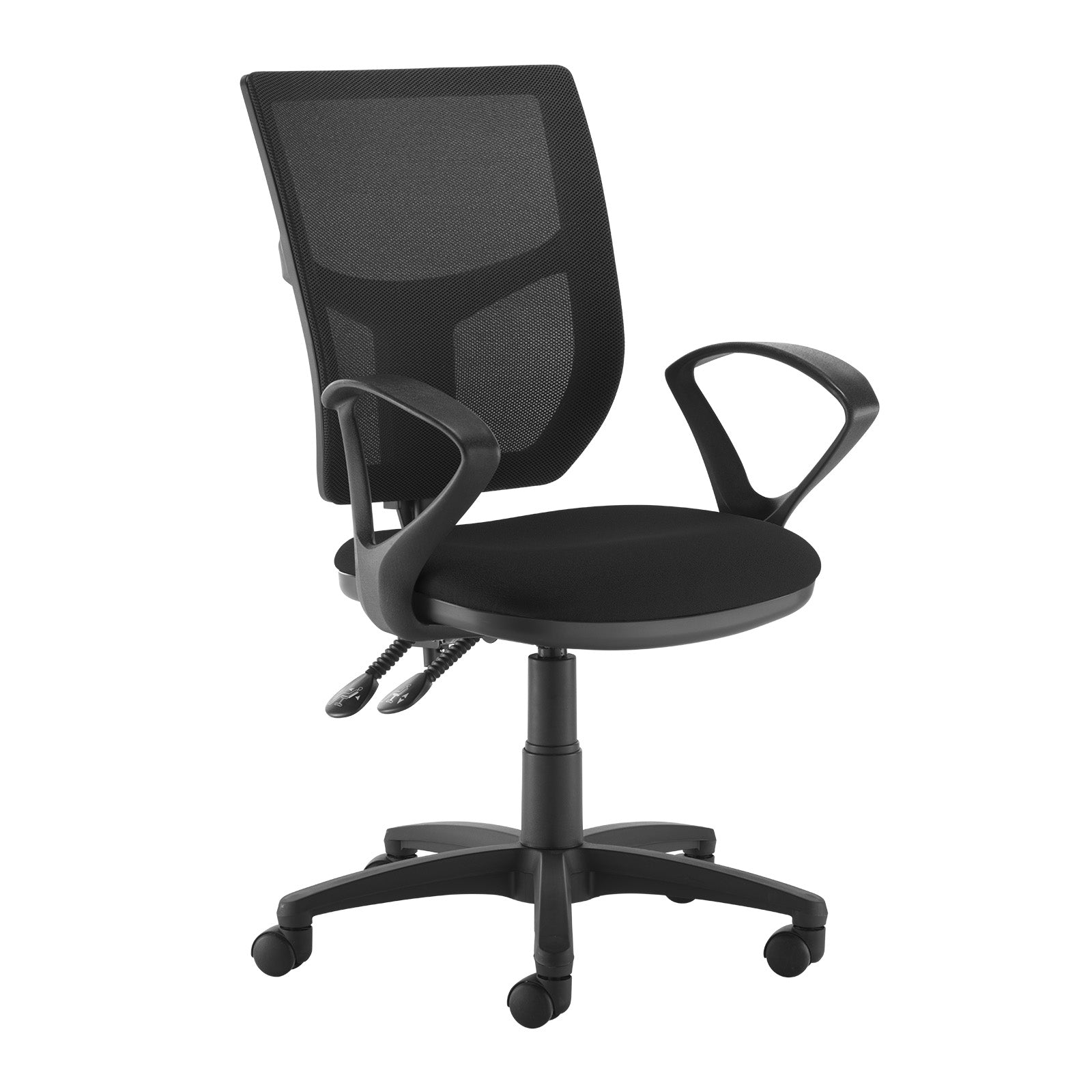 Black office chair with mesh backrest on a white background
