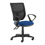 Blue office chair with black mesh backrest on a white background