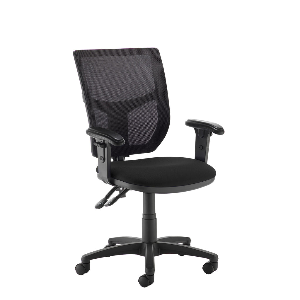 Black office chair with mesh back on a white background
