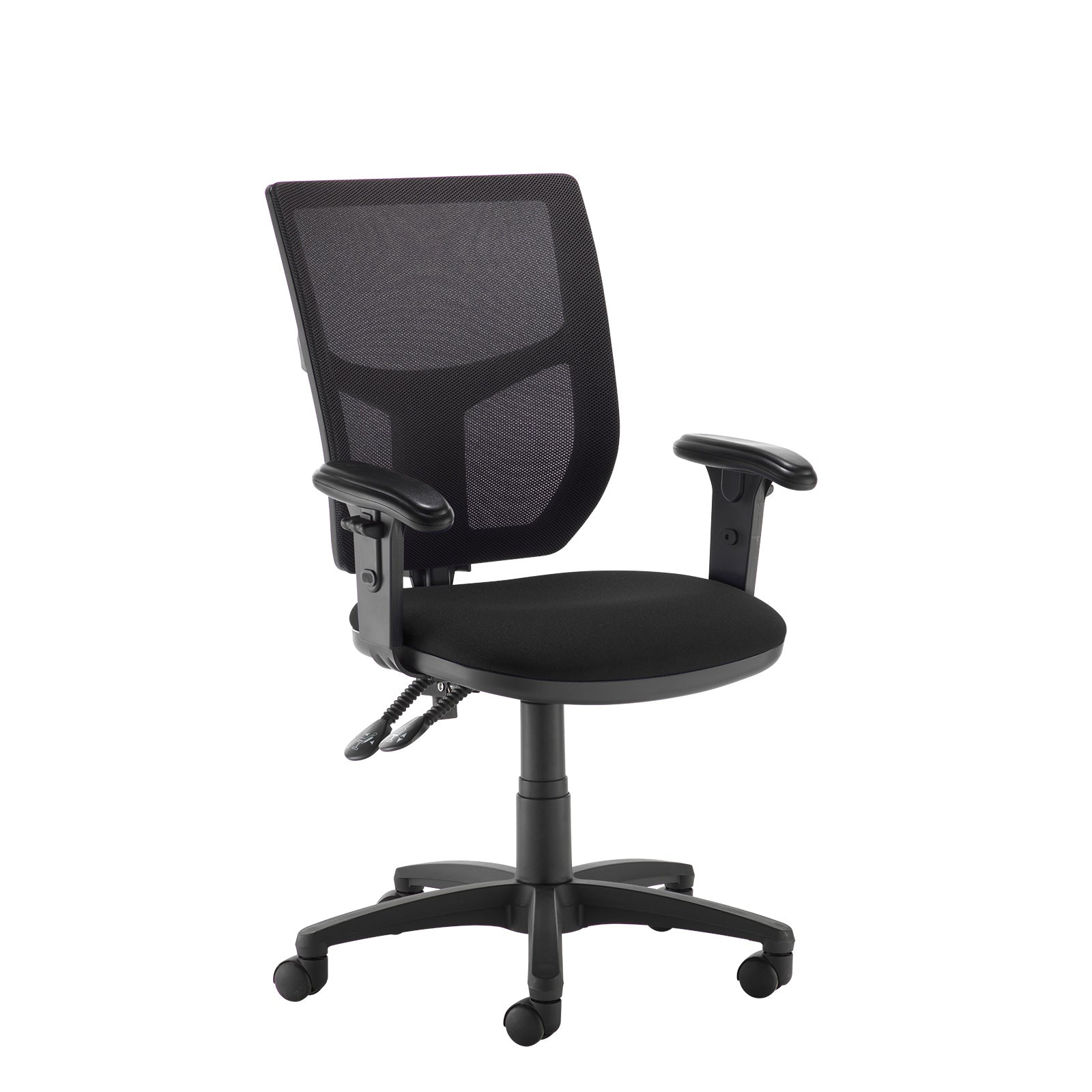 Black office chair with mesh back on a white background