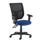 Blue office chair with black mesh backrest on a white background