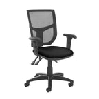 Black office chair with adjustable arms and mesh back on a white background