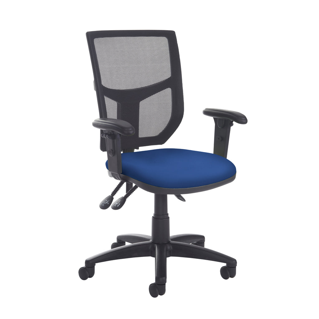 Blue office chair with adjustable arms and black mesh backrest on a white background