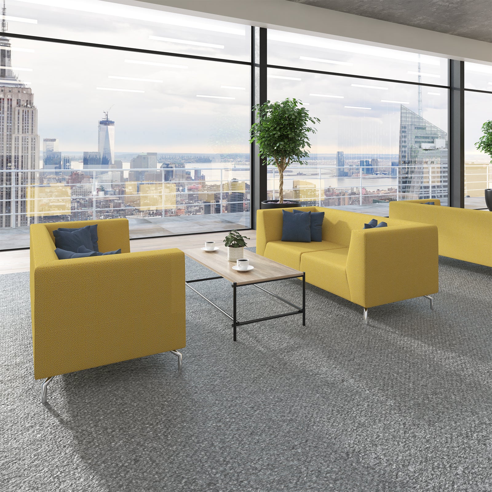 Modern office lounge area with yellow upholstered sofas and armchairs around a low coffee table, set by large floor-to-ceiling windows overlooking a city skyline.