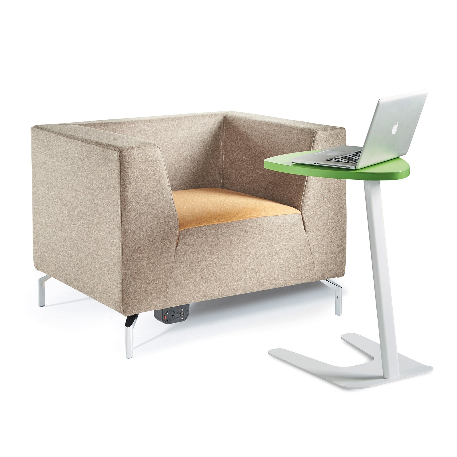 A modern beige upholstered lounge chair with a light tan seat cushion, shown next to a small green-top and white pedestal side table holding an open laptop, on a white studio background.