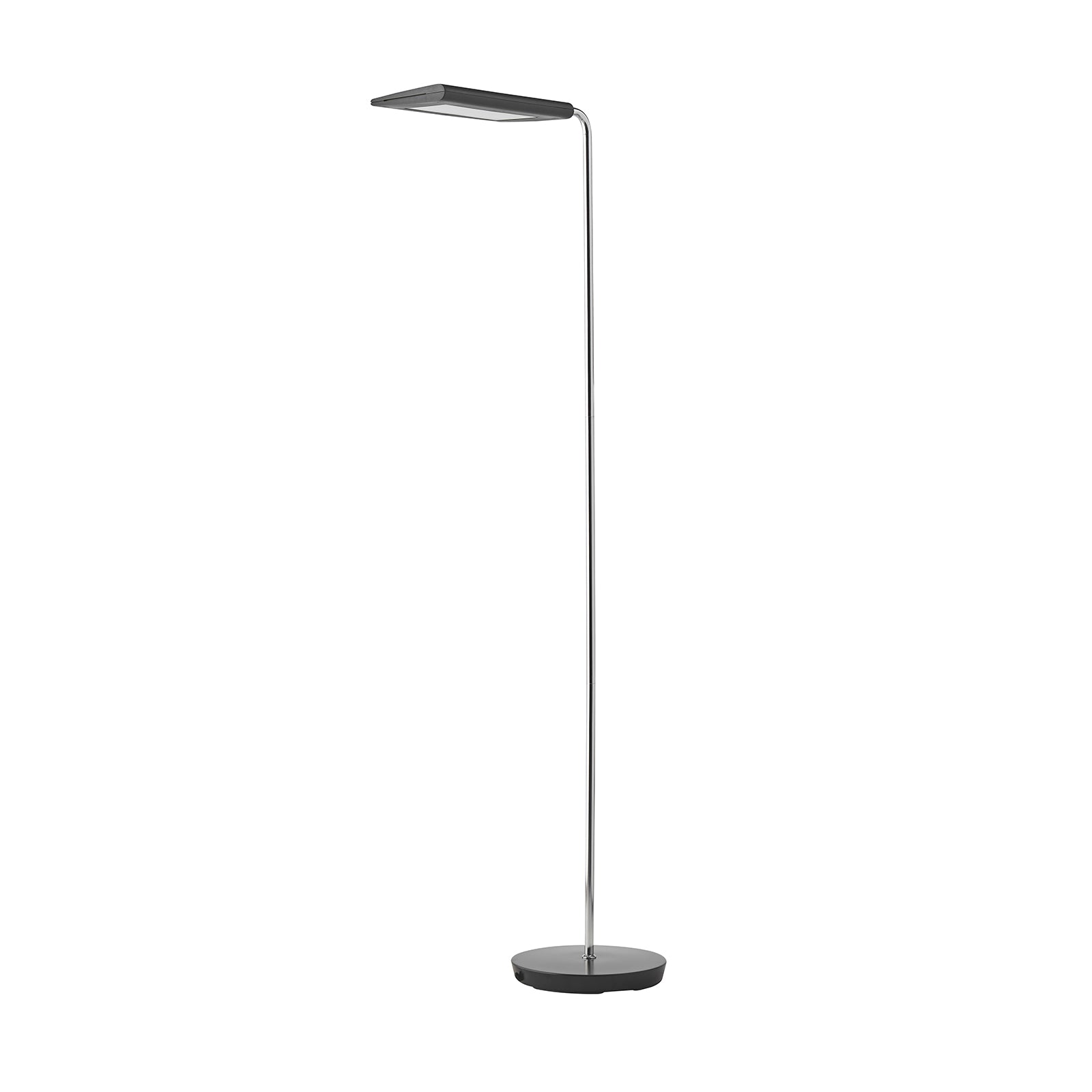 A modern minimalist floor lamp with a slim curved chrome stem, a rectangular dark gray shade, and a round dark gray base, shown against a solid white background.