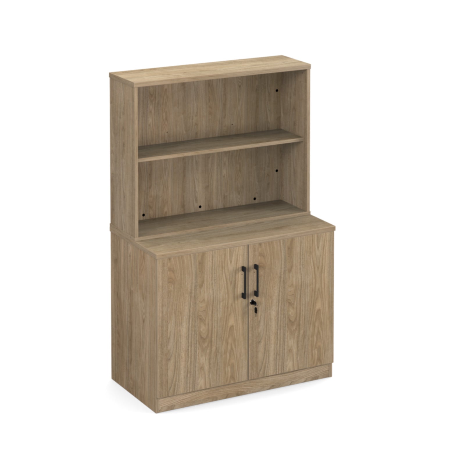 Office hutch cabinet in walnut wood grain finish with two doors, black handles, and an open upper shelf section, shown on a plain white background.