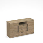 Credenza in Barcelona walnut colour with two doors and three drawers on a white background