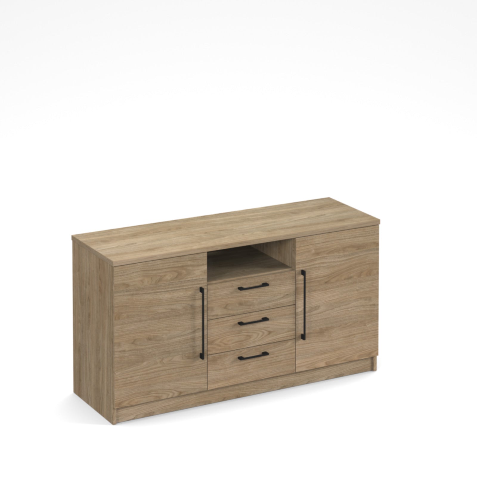 Credenza in Barcelona walnut colour with two doors and three drawers on a white background