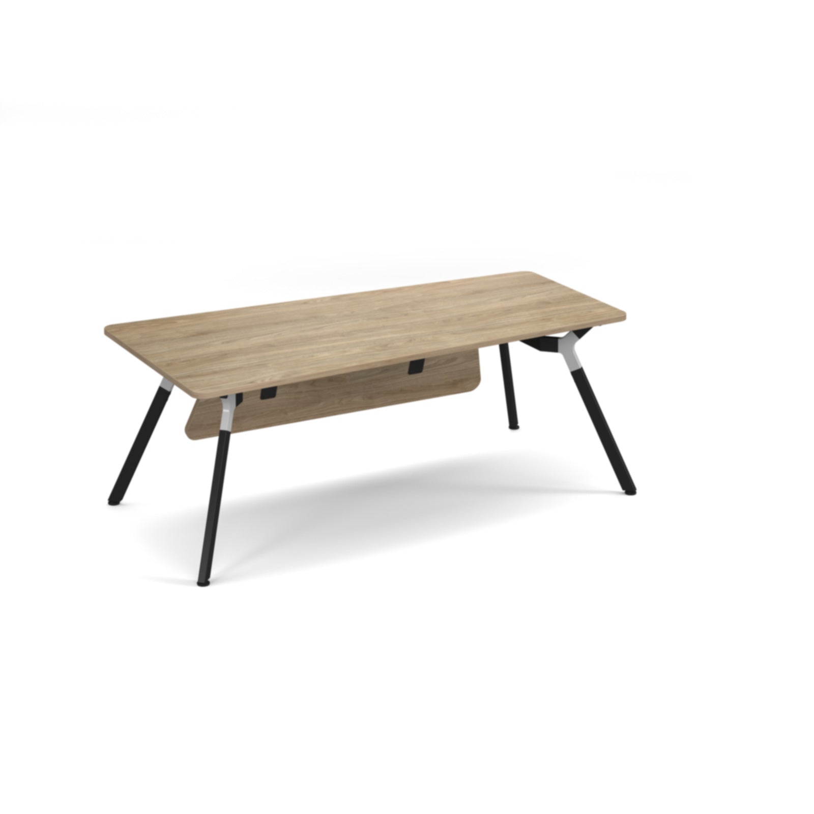 Executive office desk in barcelona walnut colour with black legs on a white background
