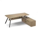 An office desk with wood-effect top and matching side cabinet, featuring black metal legs and drawer handles, shown on a white background.