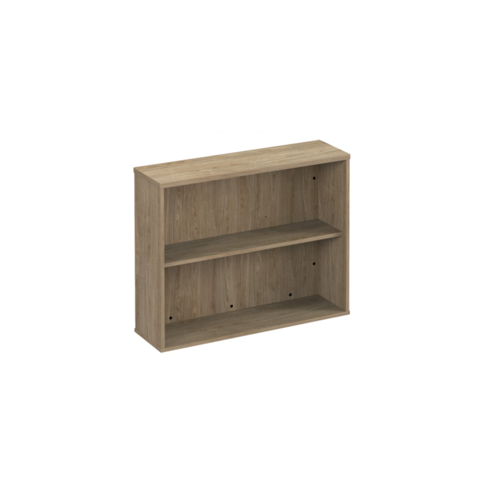 Bookcase with one shelf in walnut wood grain finish on a white background