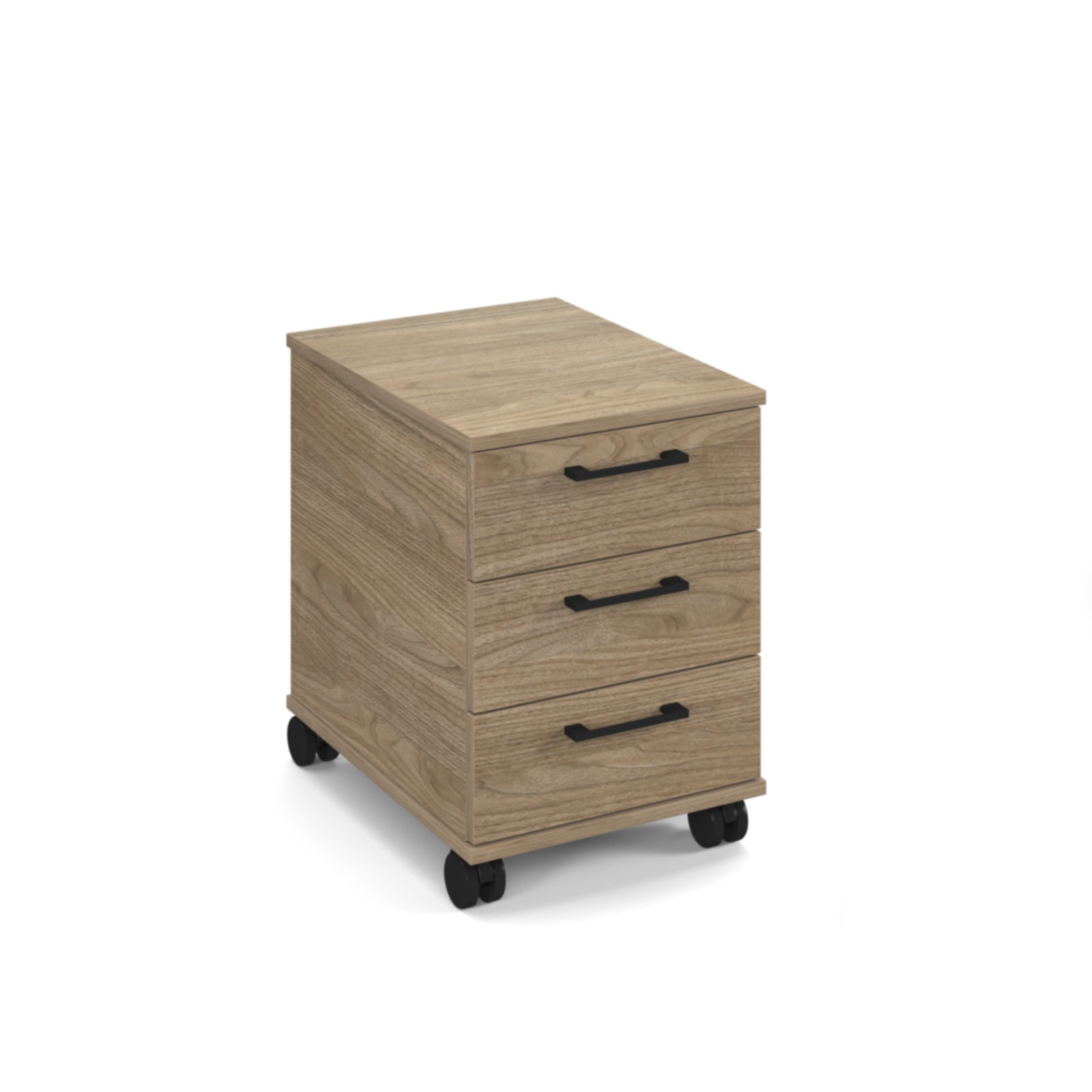 A three-drawer mobile filing cabinet with a walnut wood grain finish and black metal handles, shown on a plain white background.