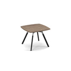 A modern square table with a light brown wood grain top and four black metal legs, shown on a plain white background.