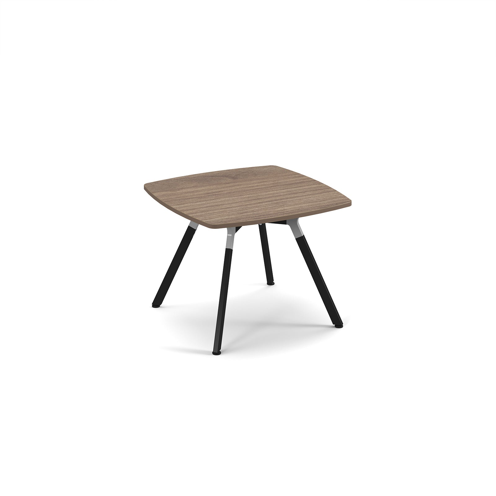A modern square table with a light brown wood grain top and four black metal legs, shown on a plain white background.