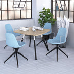 A modern 4-piece office dining set featuring a light wood square table with black legs and four light blue swivel chairs with chrome accents, set in a bright, modern office room.