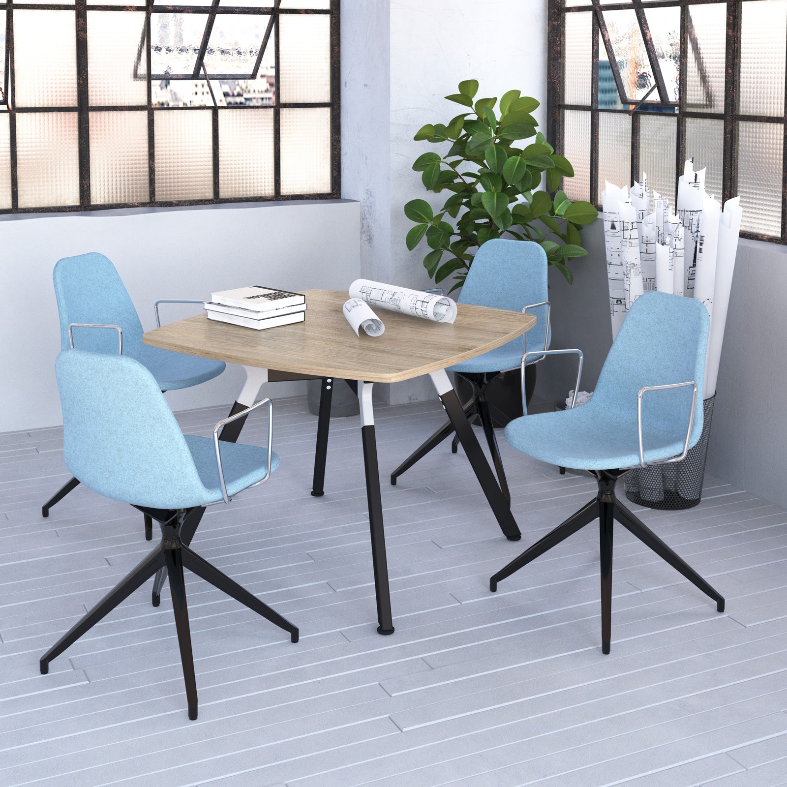 A modern 4-piece office dining set featuring a light wood square table with black legs and four light blue swivel chairs with chrome accents, set in a bright, modern office room.
