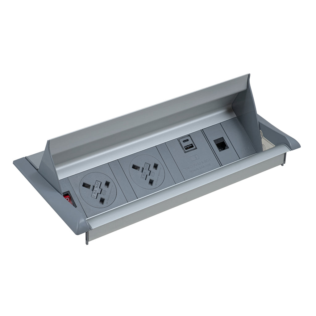 Grey electrical panel with multiple sockets and USB ports on a white background