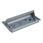 Grey electrical panel with multiple sockets and USB ports on a white background