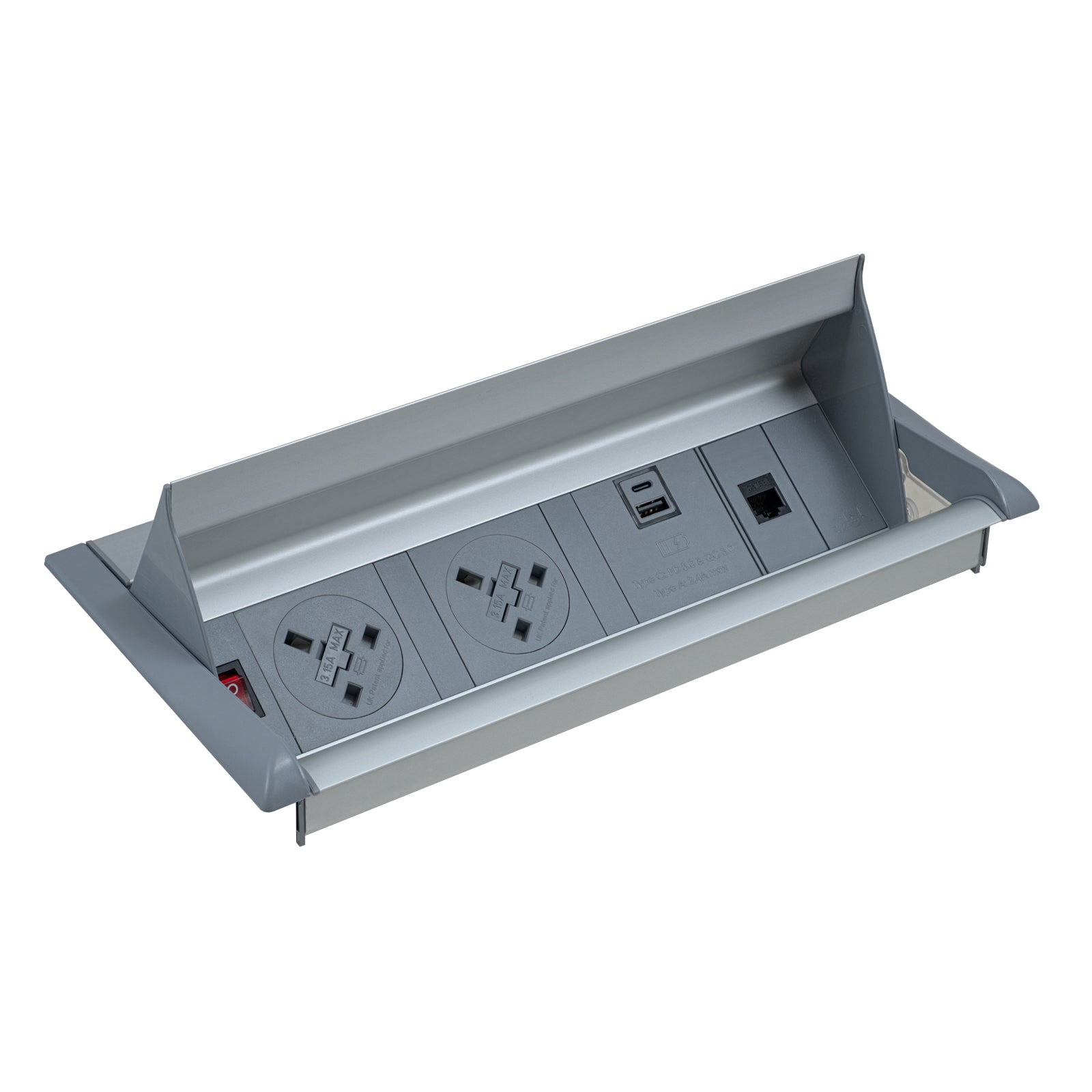 Grey electrical panel with multiple sockets and USB ports on a white background
