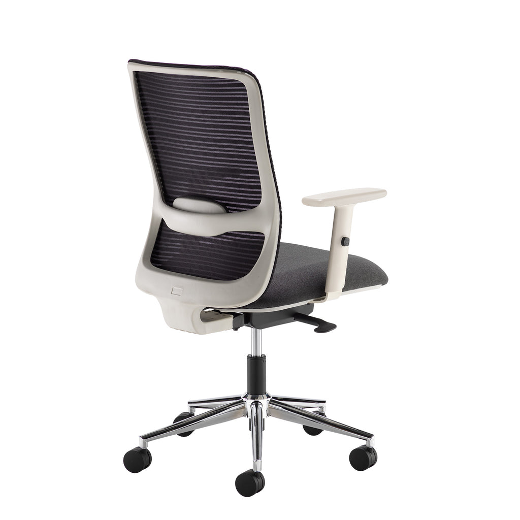 Grey mesh back chair with chrome frame on a white background