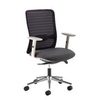 Grey mesh back chair with chrome frame on a white background