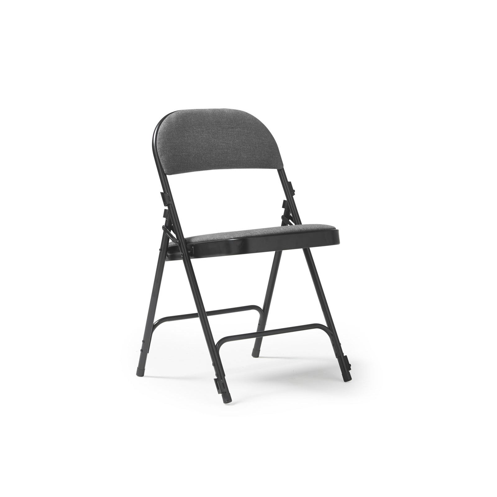 A folding chair with a black frame and a textured grey backrest and seat, set against a plain white background.