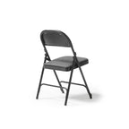A folding chair with a black frame and a textured grey backrest and seat, set against a plain white background.