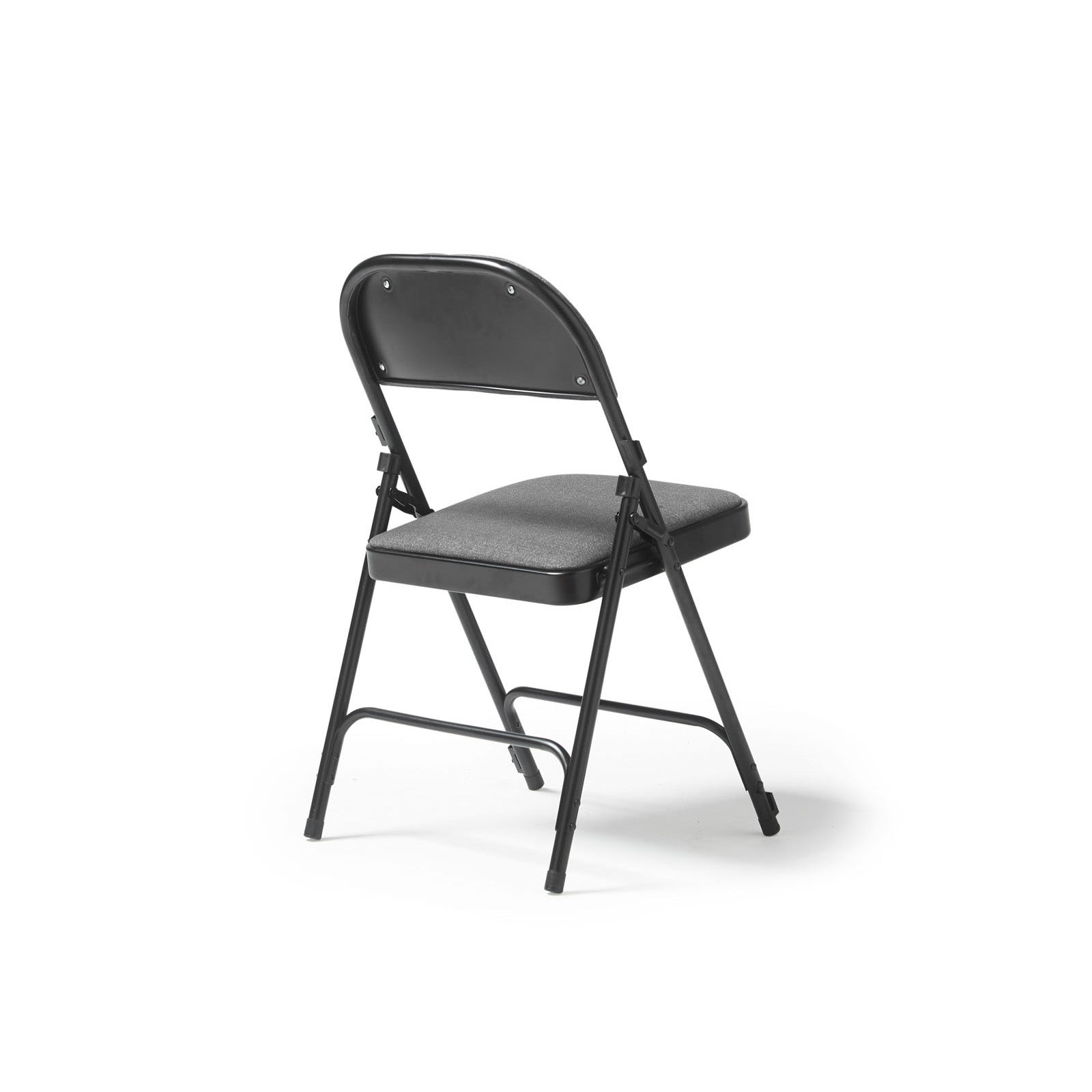 A folding chair with a black frame and a textured grey backrest and seat, set against a plain white background.