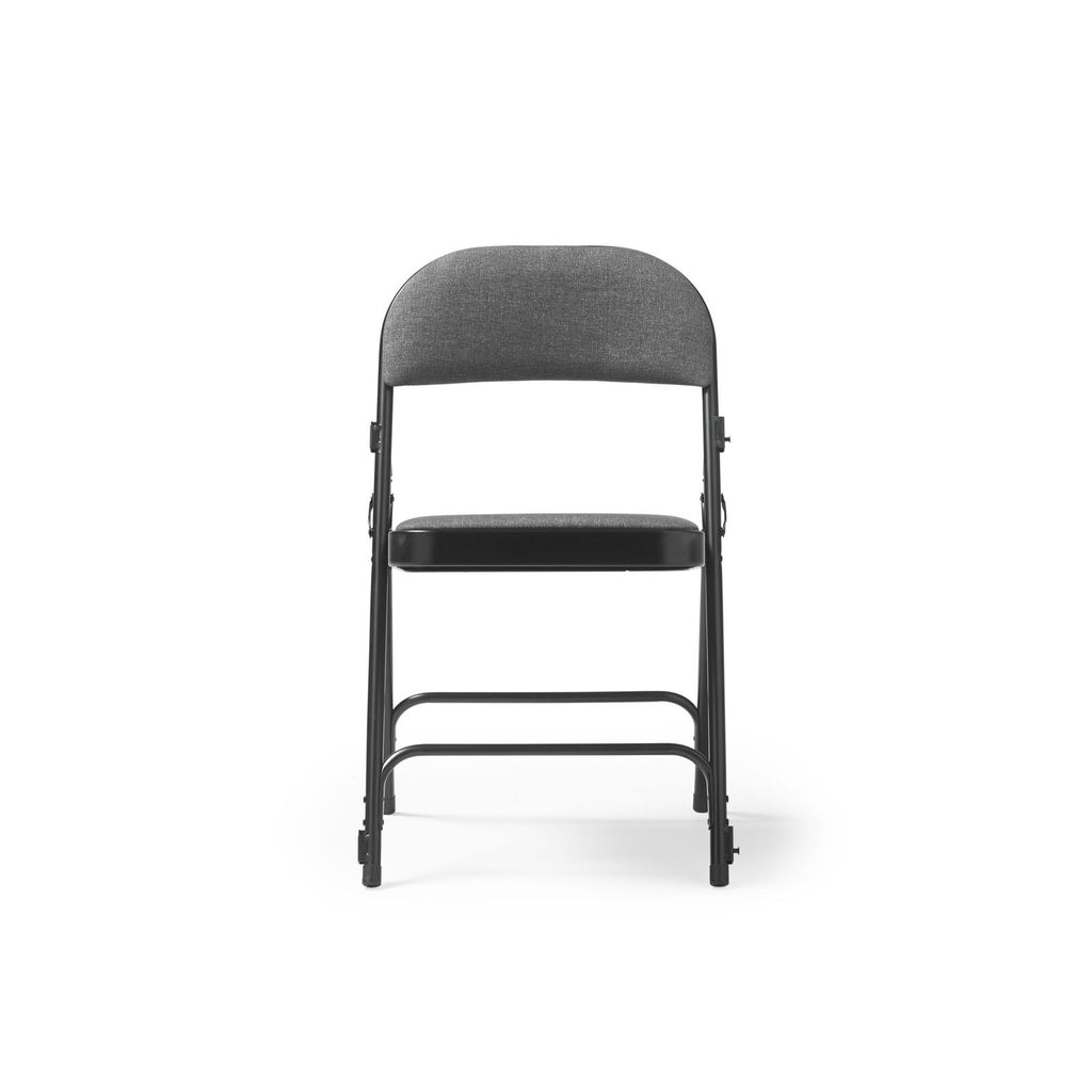 A folding chair with a black frame and a textured grey backrest and seat, set against a plain white background.