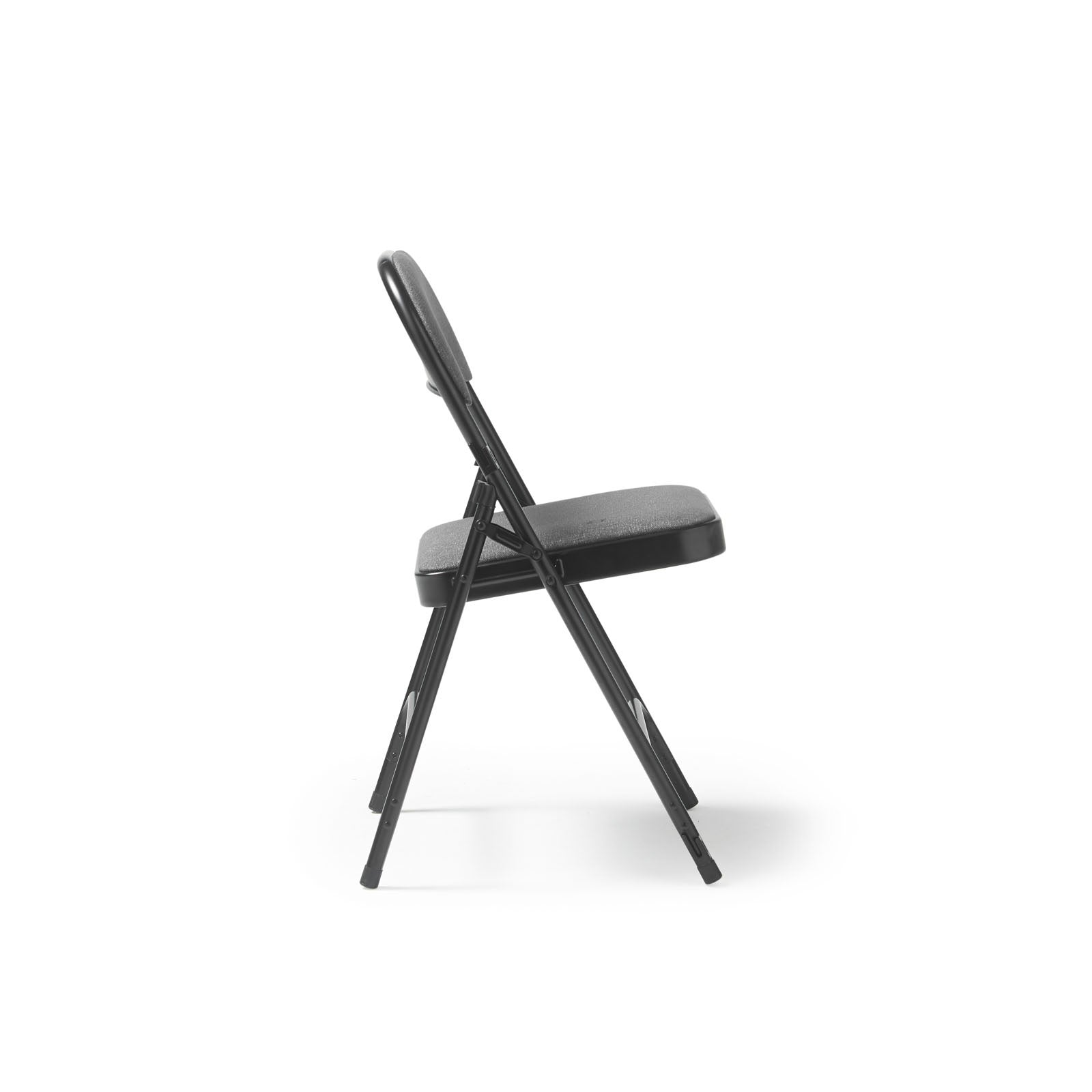 A folding chair with a black frame and a textured grey backrest and seat, set against a plain white background.