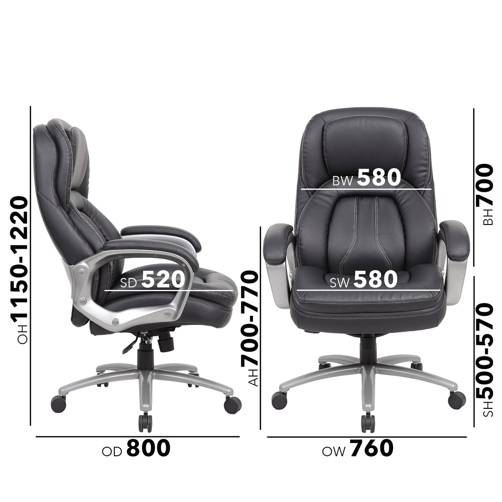 Black office chair with dimensions labeled on a white background