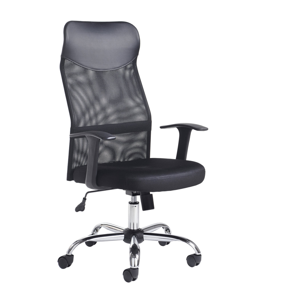Black office chair with high backrest on a white background