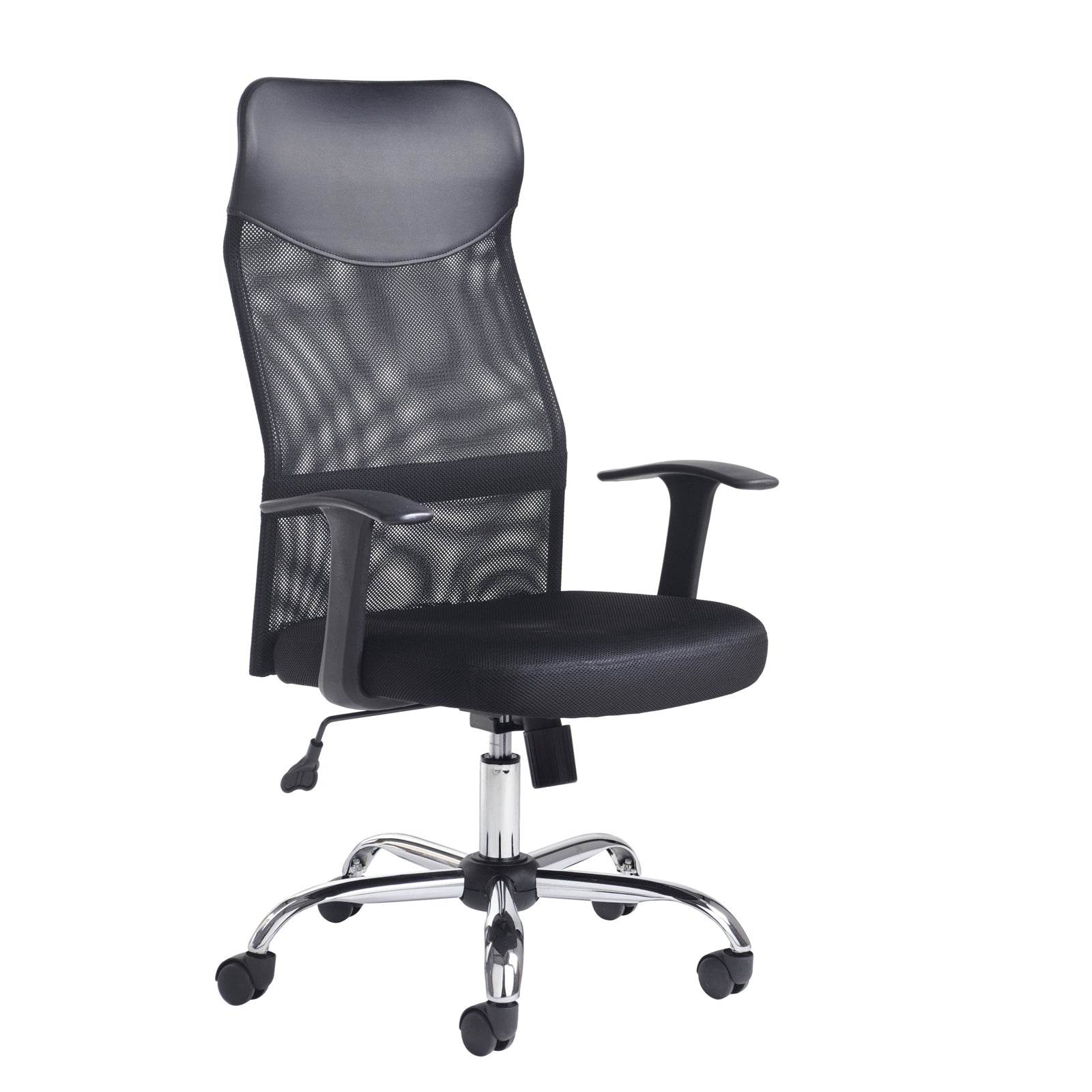 Black office chair with high backrest on a white background