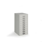 A light grey metal 10-drawer file cabinet with silver drawer pulls, shown on a plain white background.