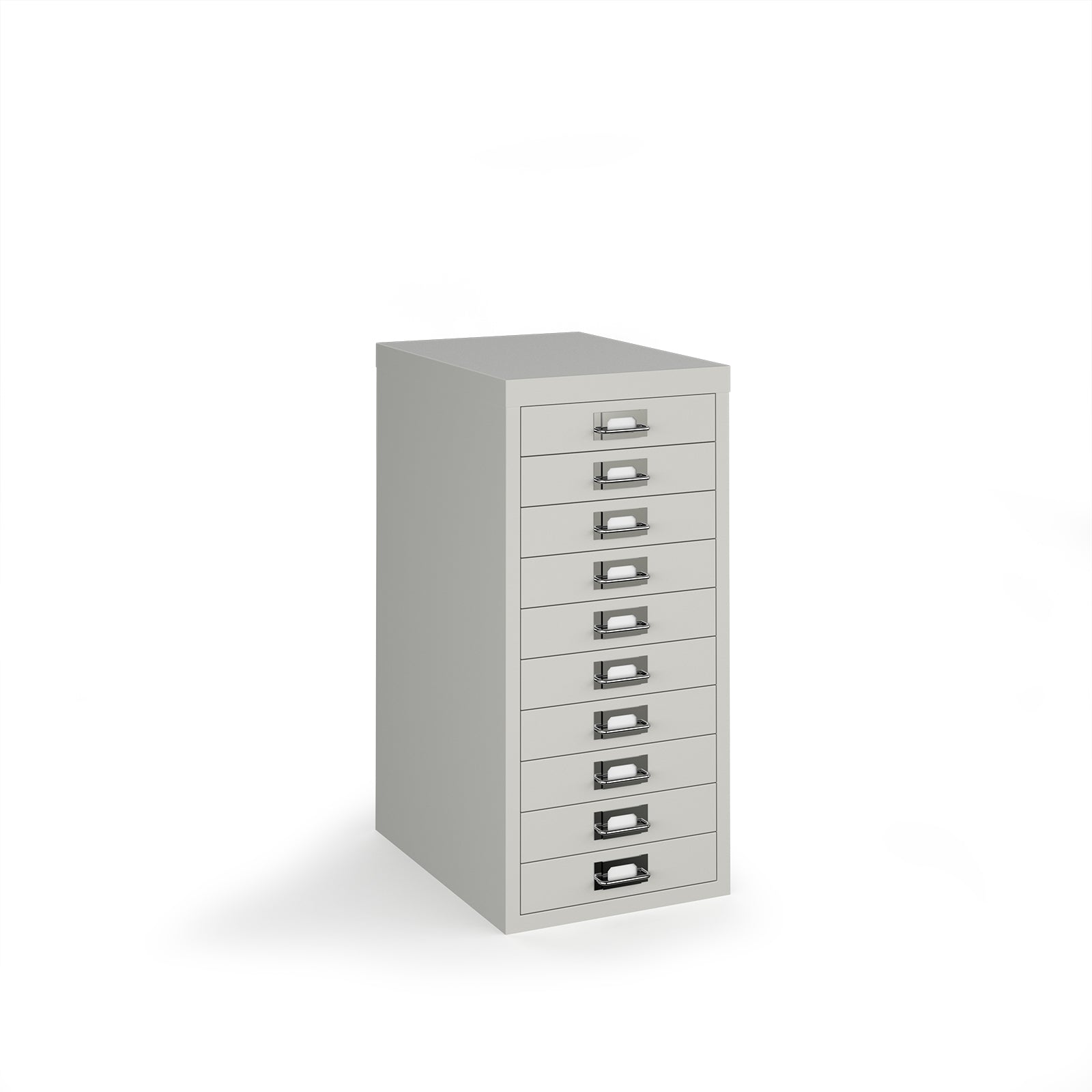 A light grey metal 10-drawer file cabinet with silver drawer pulls, shown on a plain white background.
