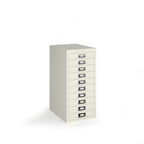 A white metal 10-drawer file cabinet with silver drawer pulls, shown on a plain white background.