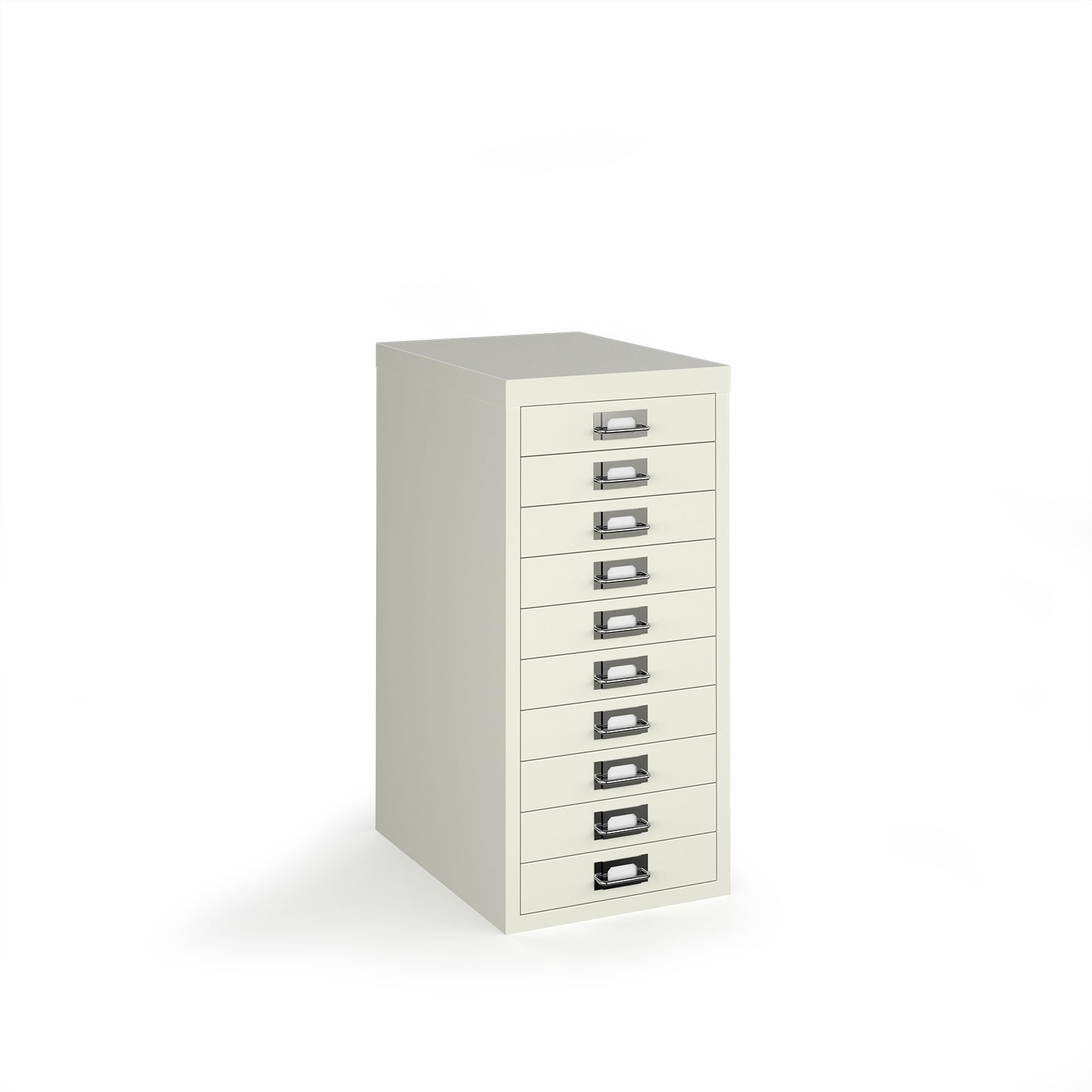 A white metal 10-drawer file cabinet with silver drawer pulls, shown on a plain white background.