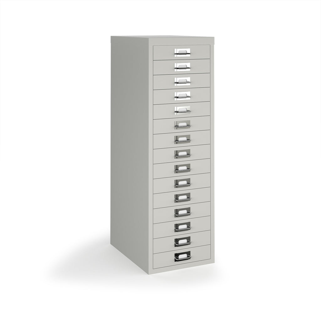 A tall, narrow light grey metal file cabinet with 15 individual drawers, each featuring a silver pull handle and a label slot, shown on a white background.