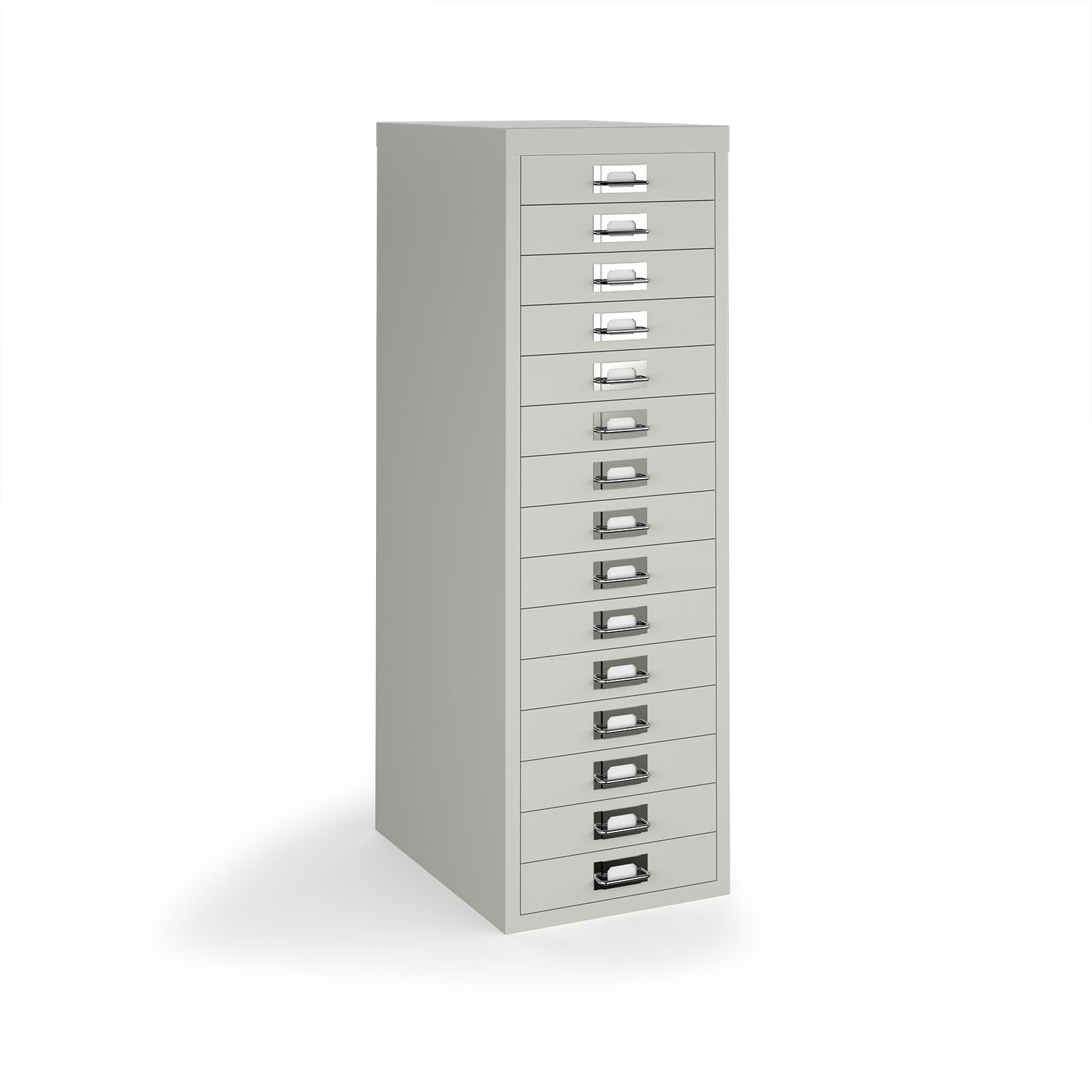 A tall, narrow light grey metal file cabinet with 15 individual drawers, each featuring a silver pull handle and a label slot, shown on a white background.