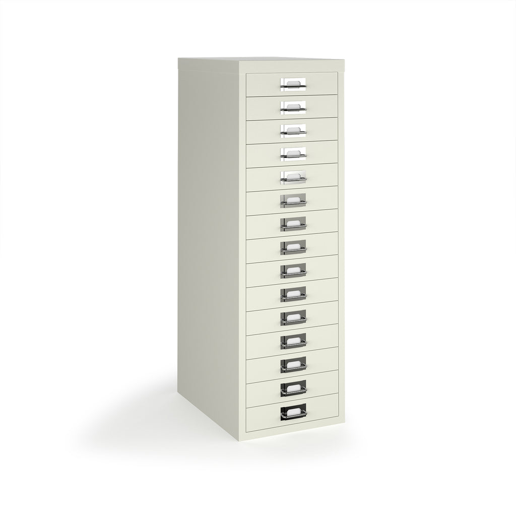 A tall, narrow white metal file cabinet with 15 individual drawers, each featuring a silver pull handle and a label slot, shown on a white background.