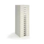 A tall, narrow white metal file cabinet with 15 individual drawers, each featuring a silver pull handle and a label slot, shown on a white background.