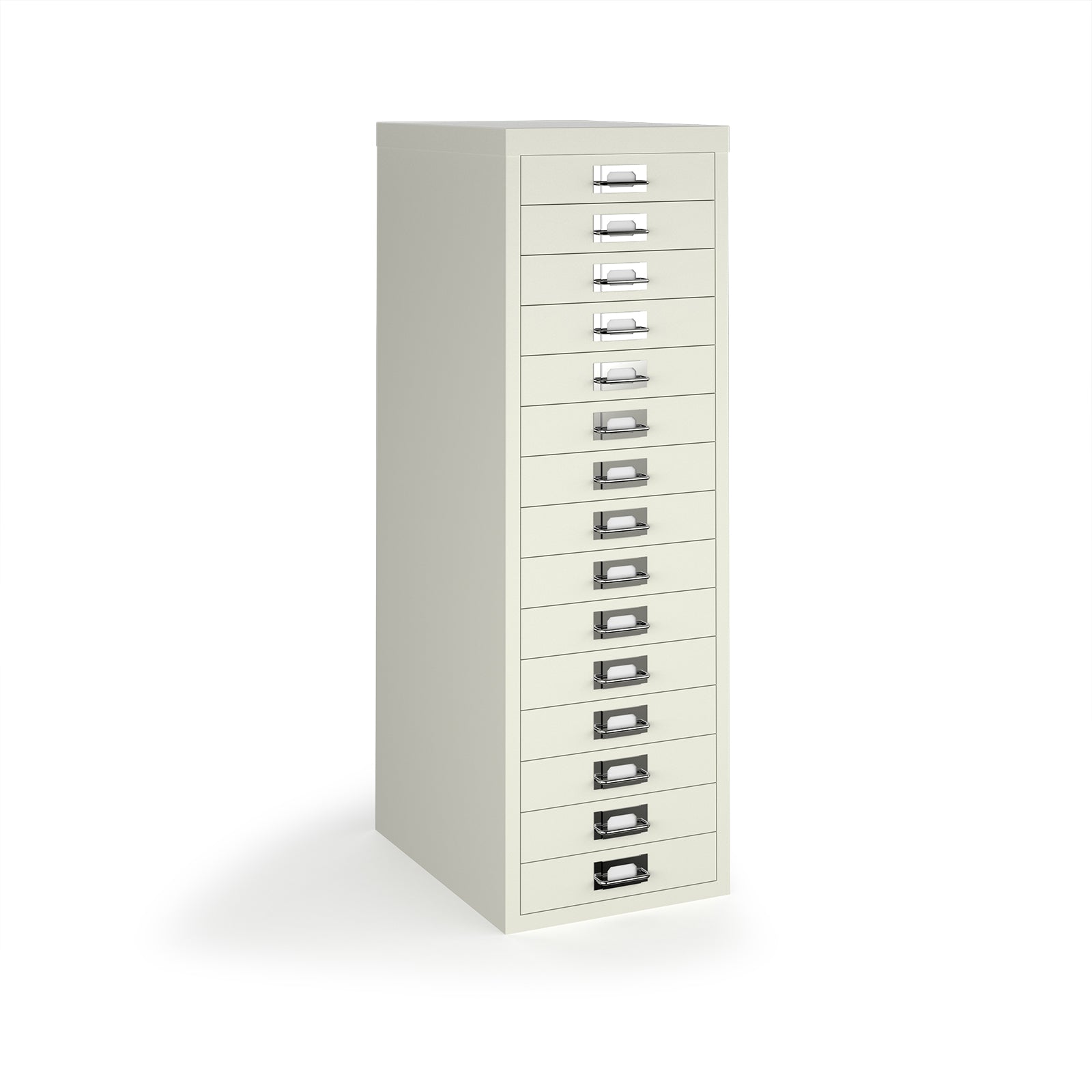 A tall, narrow white metal file cabinet with 15 individual drawers, each featuring a silver pull handle and a label slot, shown on a white background.