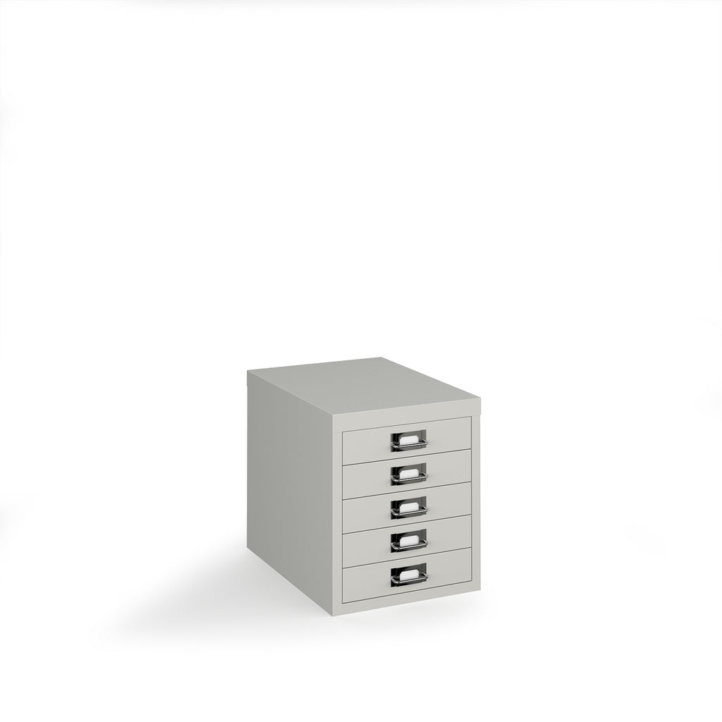 A light grey metal 5-drawer pedestal file cabinet with silver handles, shown on a plain white background with a soft shadow.