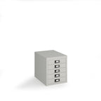 A light grey metal 5-drawer pedestal file cabinet with silver handles, shown on a plain white background with a soft shadow.