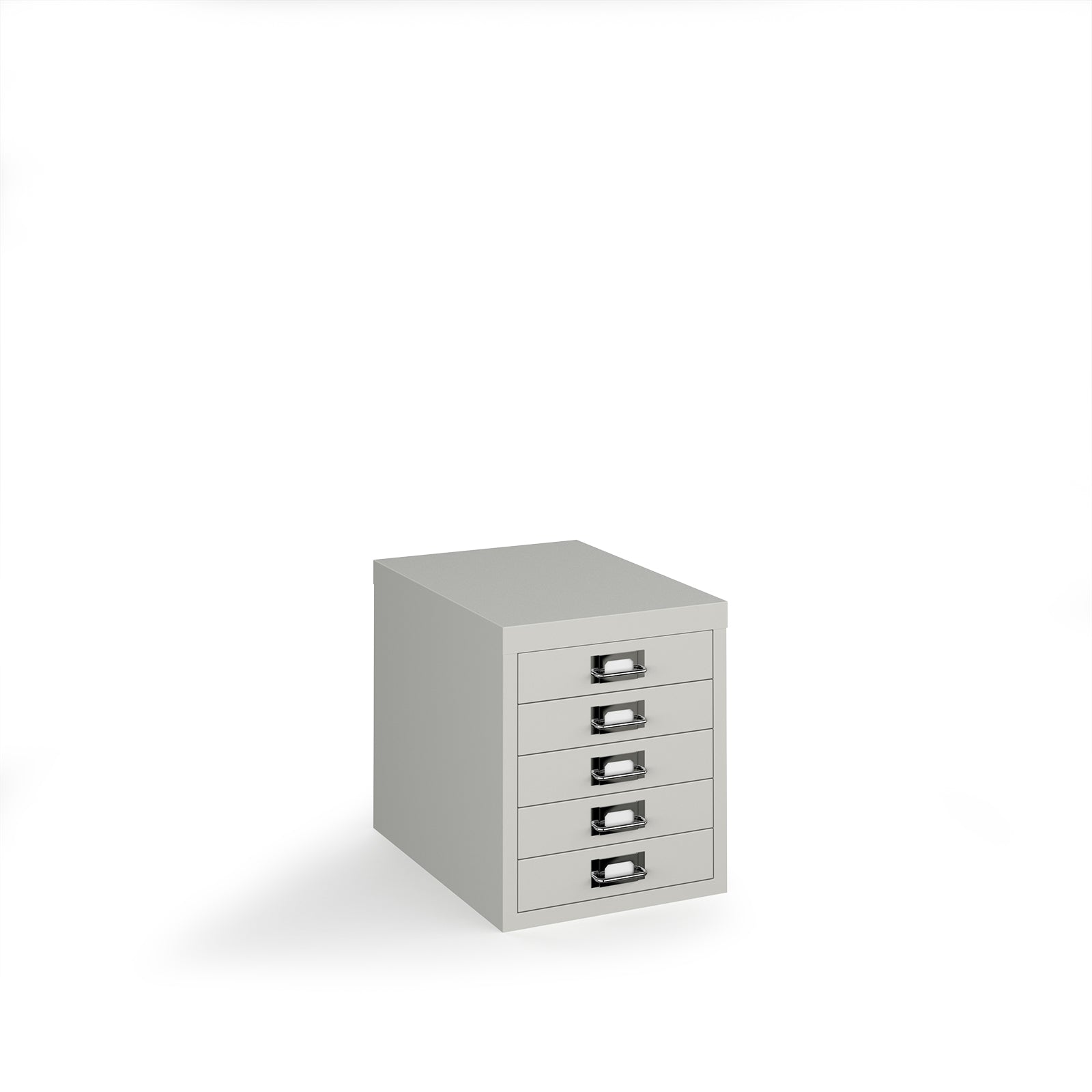 A light grey metal 5-drawer pedestal file cabinet with silver handles, shown on a plain white background with a soft shadow.